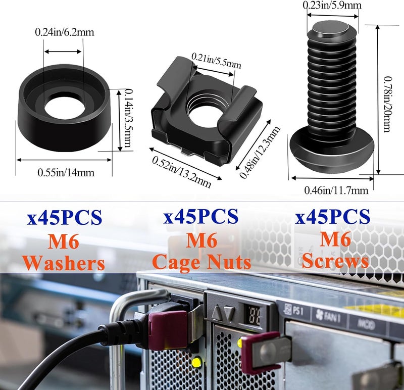 Sunxeke 45 Pack M6 x 16mm Rack Mount Screws,Cage Nuts for Rack Mount Server Shelves,Routers,Rack Mount Server Cabinet.Server Rack Screws,Square Insert Nuts and Washers with Box - Image 2